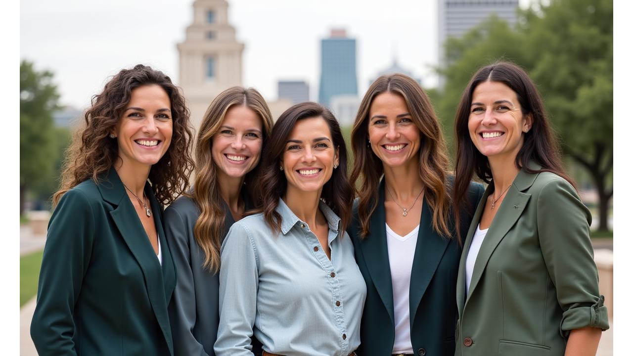 Diverse team of ElysianVerdaluxe Bloom wellness experts smiling outdoors in front of Texas Capitol building, symbolizing local expertise and community connection.