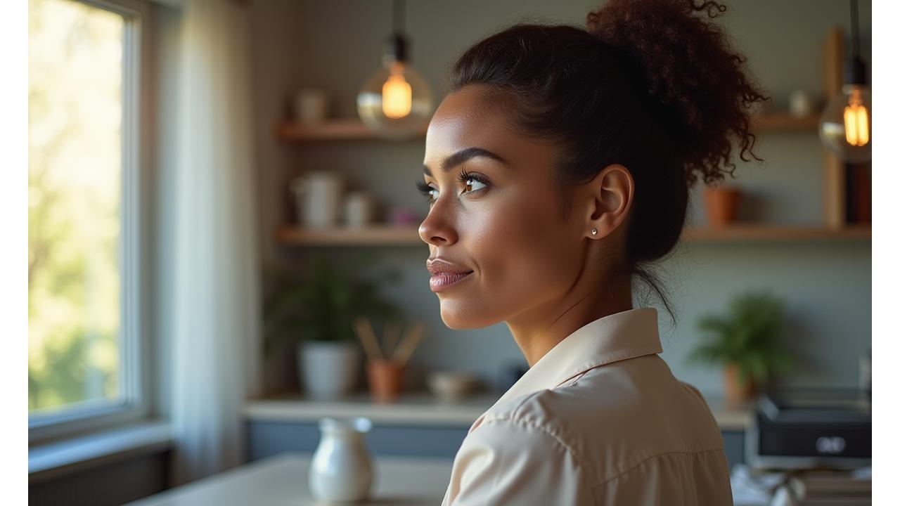 A serene professional woman, mid-30s, looking thoughtfully into the distance, with a blurred backdrop of a calm, organized modern workspace and a subtle, out-of-focus digital device indicating balance rather than distraction.