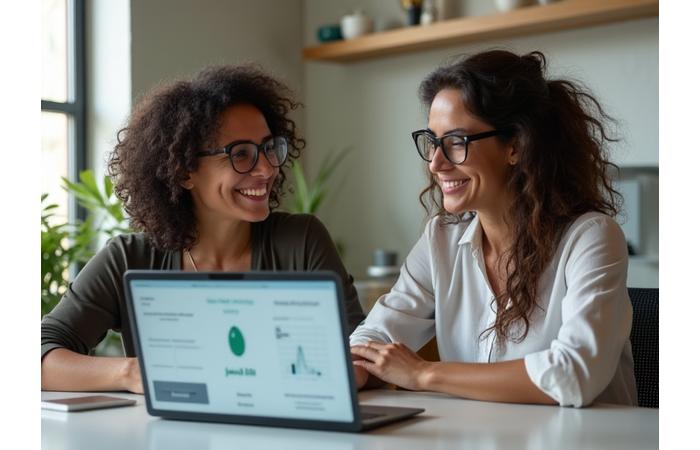 A trusted wellness coach and client engaged in a personalized coaching session, looking at a digital tablet with eco-friendly lifestyle recommendations, in a bright, modern Austin setting.