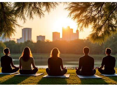 Group of people meditating in a tranquil Austin park