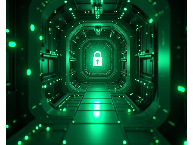 Stylized abstract image of a digital vault or secure network, with connected nodes and glowing lines, symbolizing data encryption and protection. Dominant primary dark green and secondary light blue colors.